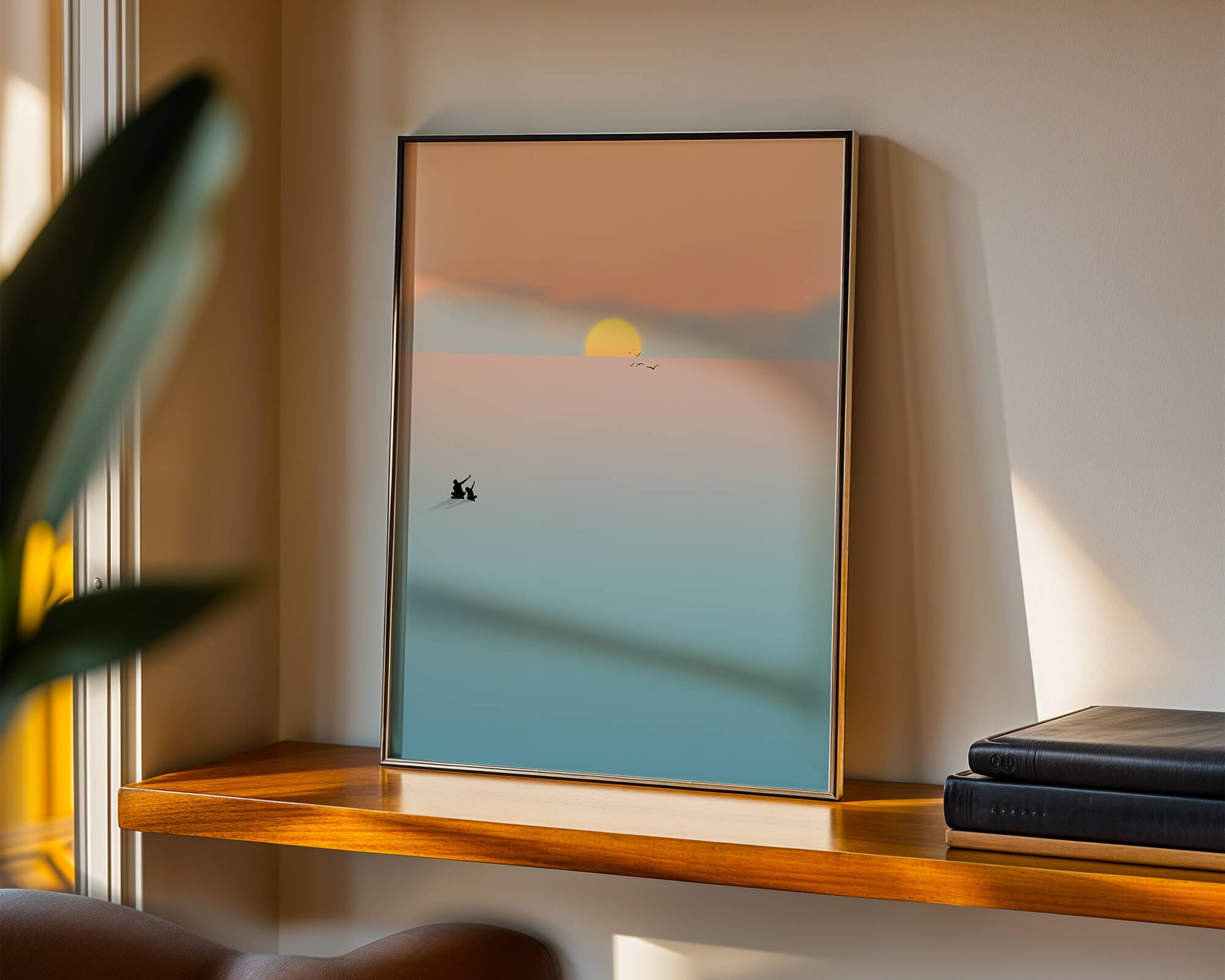 Serene Sunset with Silhouettes and Birds over a Calm Sea