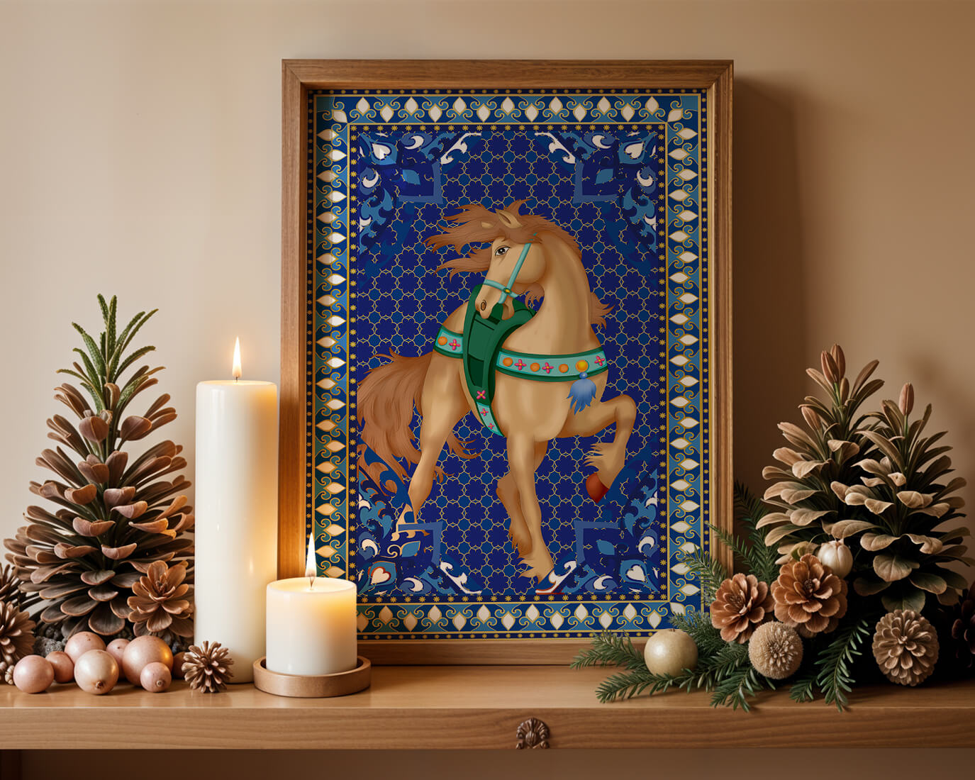 Intricate patterned horse art with a vibrant decorative border