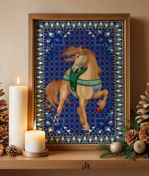 Arte de caballo con patrón intrincado y un borde decorativo vibrante