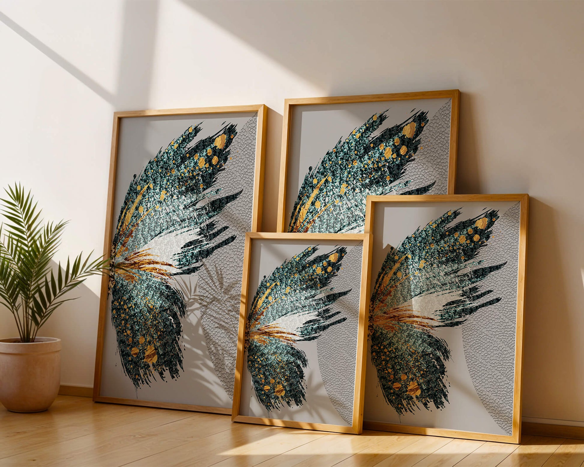 Ala de mariposa abstracta con detalles turquesa y dorados