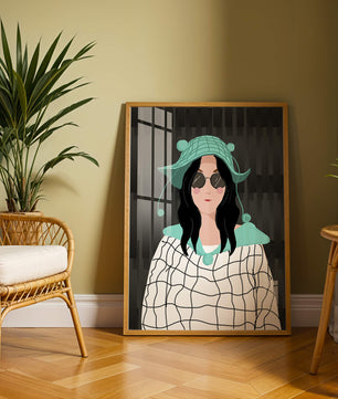 Illustration of a woman in a colorful hat and sunglasses