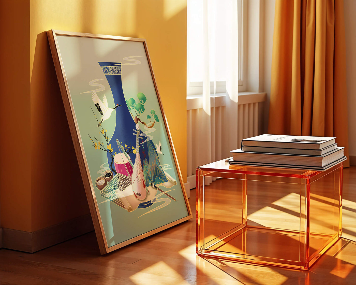 Traditional Asian art scene featuring vase, musical instruments, and cranes