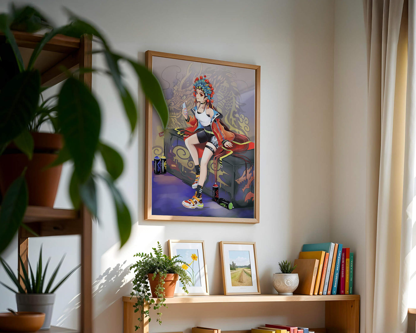 Anime art of a girl in traditional attire with urban elements