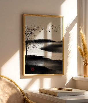 Minimalist Landscape with Silhouetted Tree and Birds