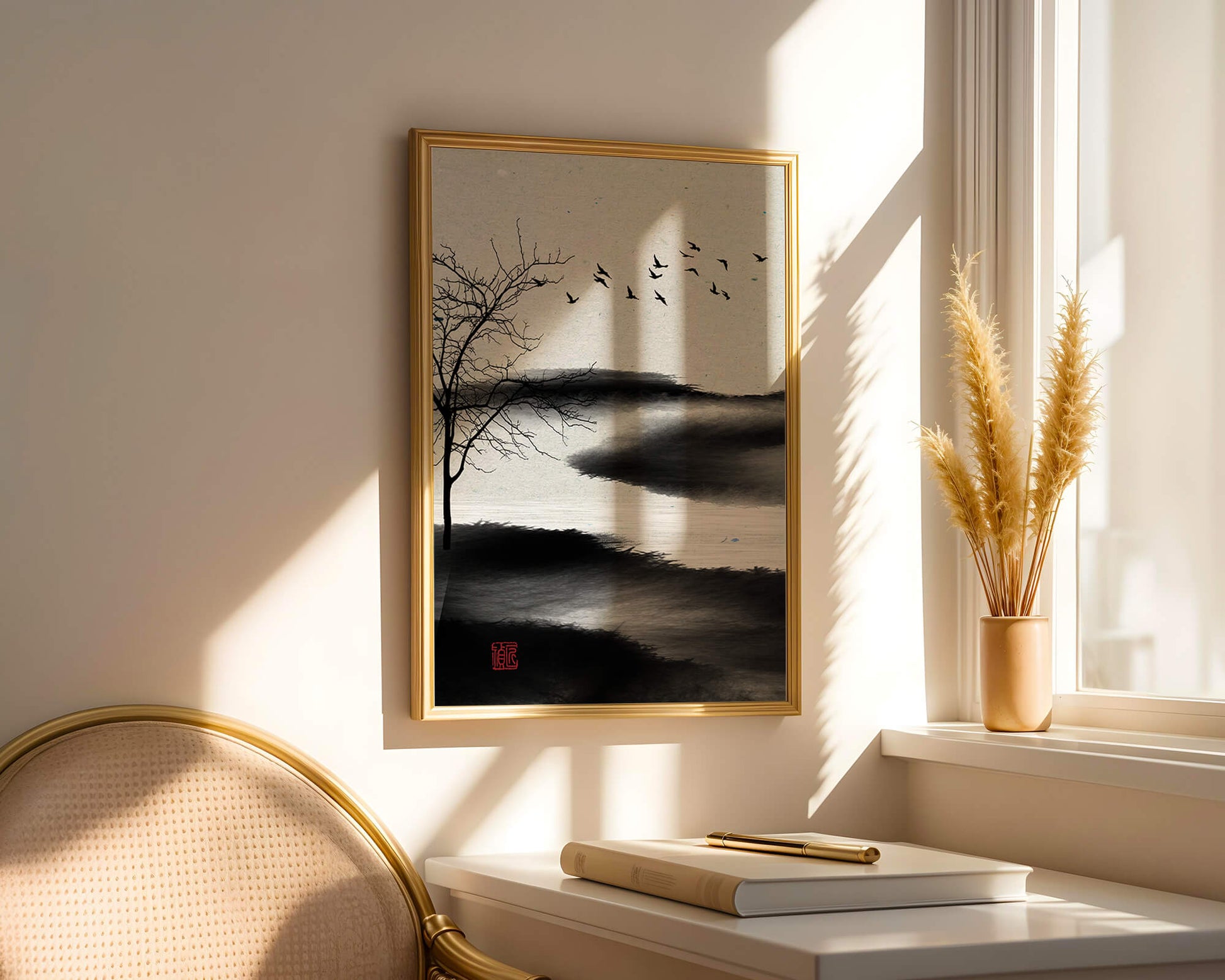 Paisaje minimalista con siluetas de árboles y pájaros
