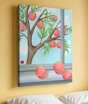 Peach tree outside a window with ripe peaches and sunny sky