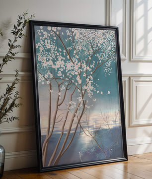 Paisaje sereno con árbol en flor sobre la reflexión del agua tranquila