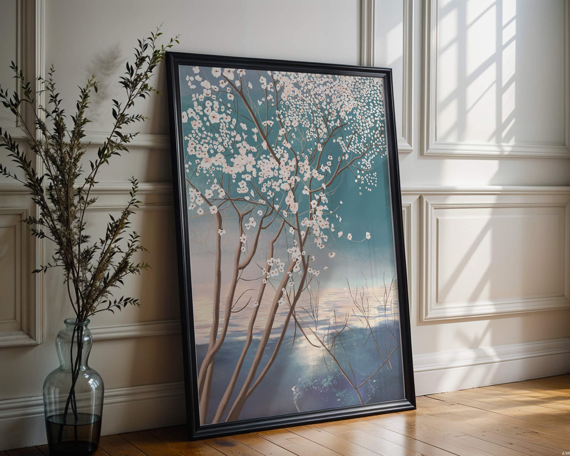 Serene landscape with blossoming tree over calm water reflection