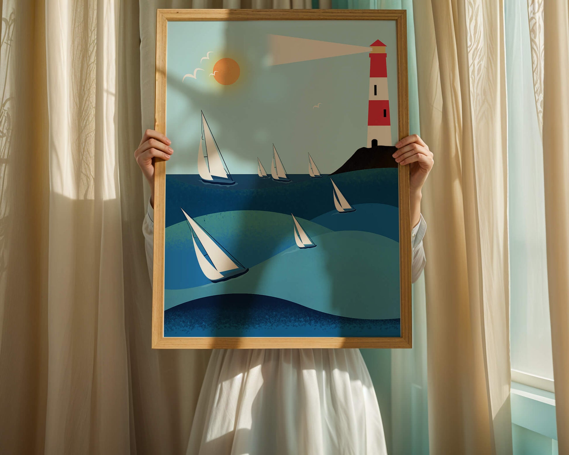 Coastal scene with sailboats and lighthouse on a bright sunny day