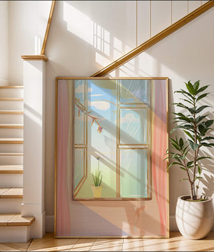 Tranquil open window with floral view and gentle sunlight