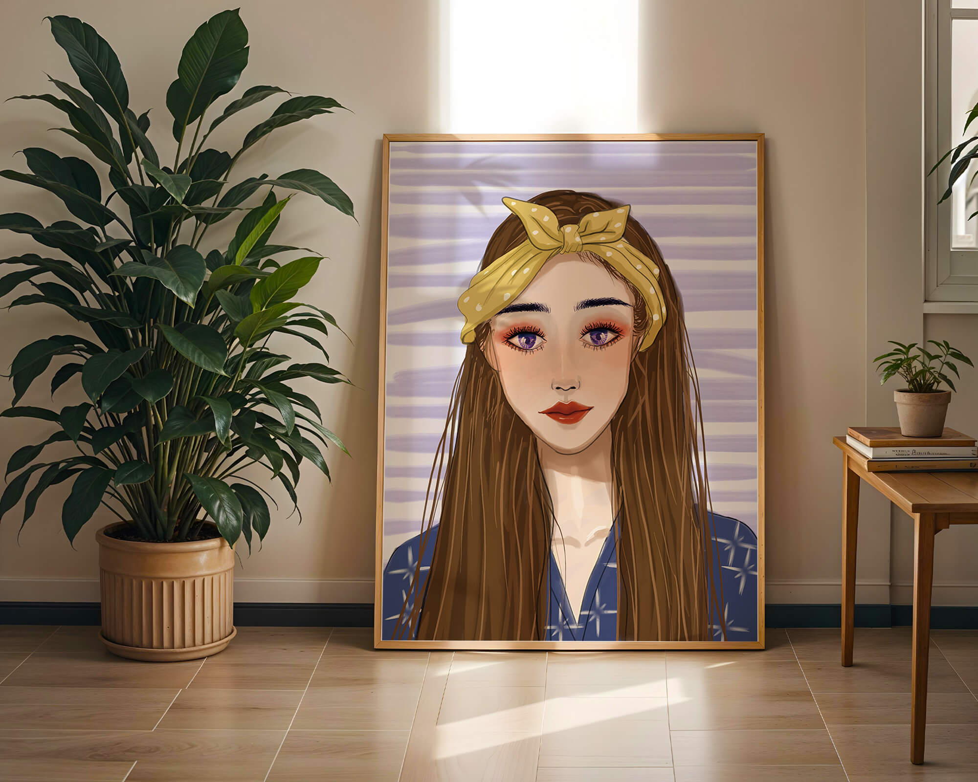 Illustration of a woman with a yellow headband against a striped background