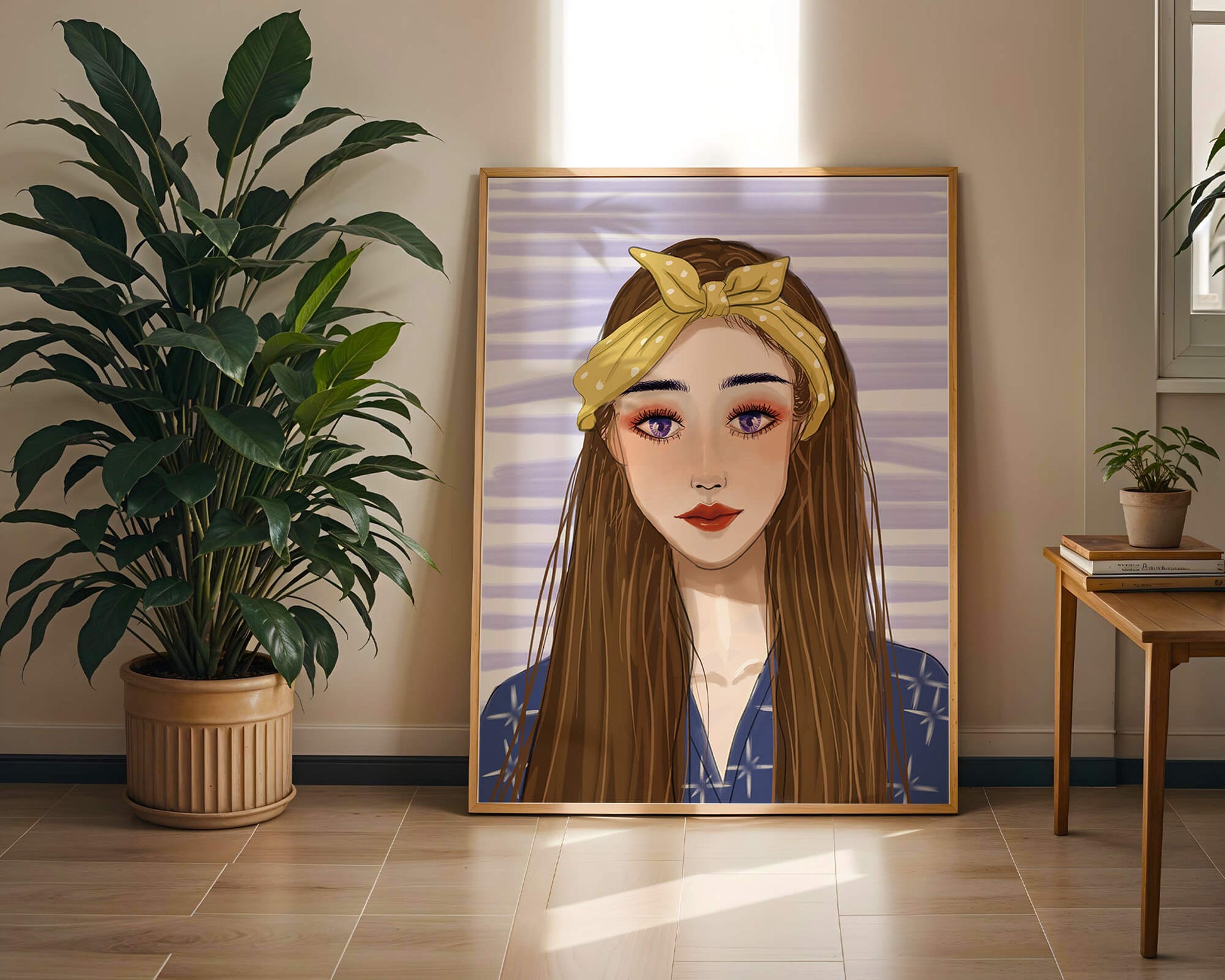 Illustration of a woman with a yellow headband against a striped background