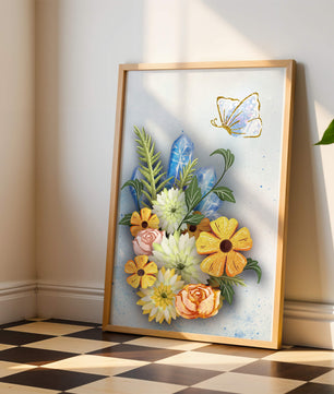 Floral and crystal arrangement with golden butterfly