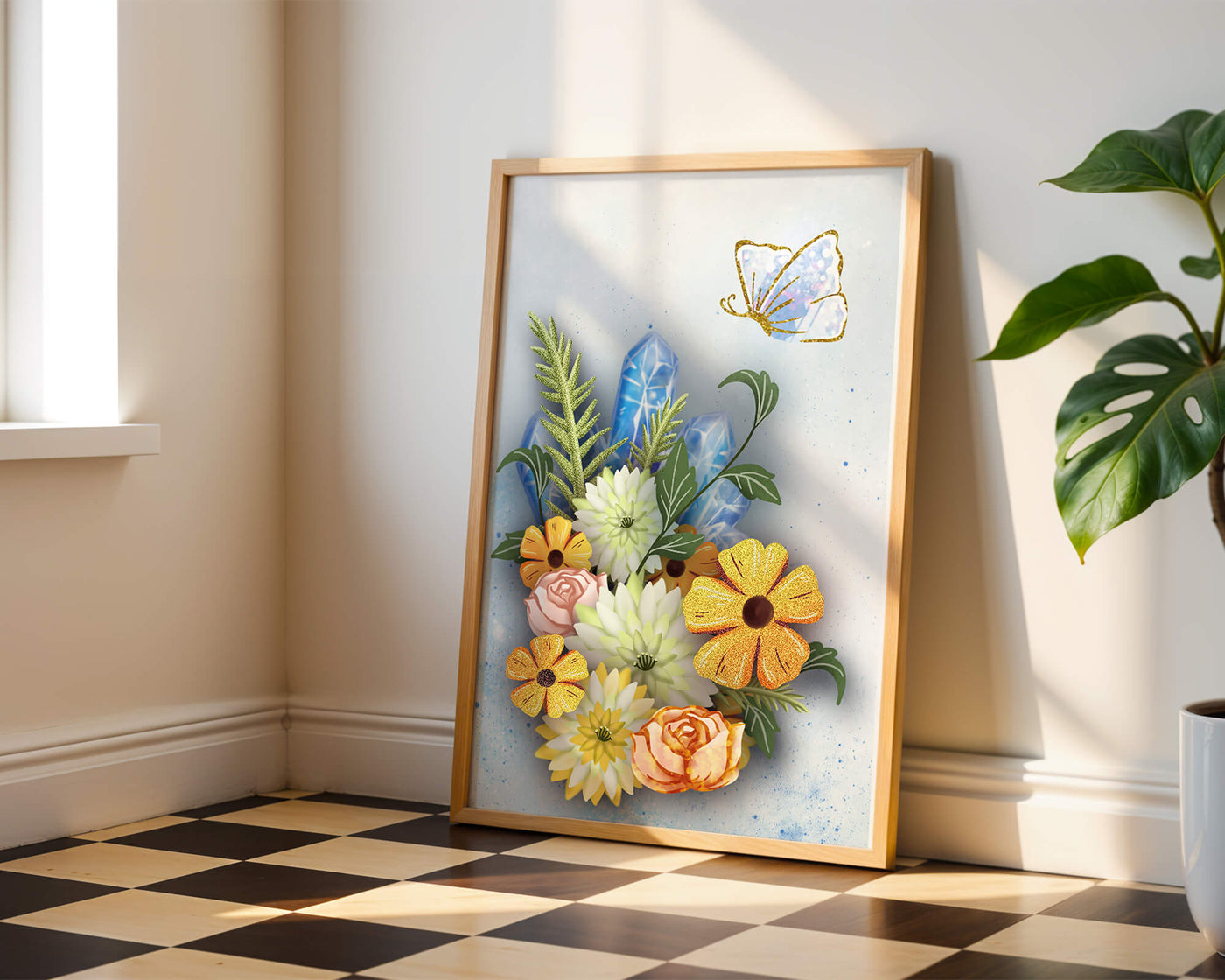Floral and crystal arrangement with golden butterfly