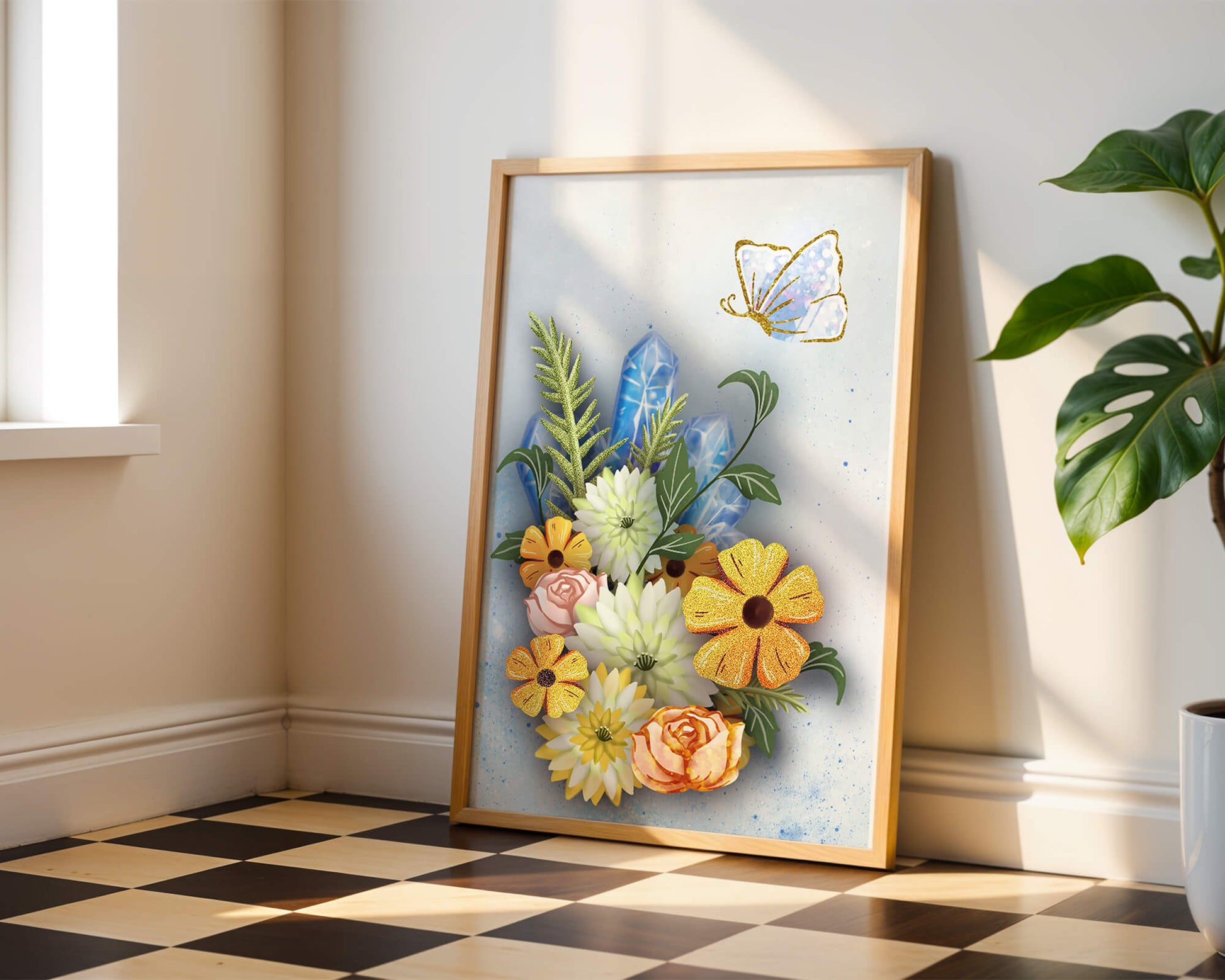 Floral and crystal arrangement with golden butterfly