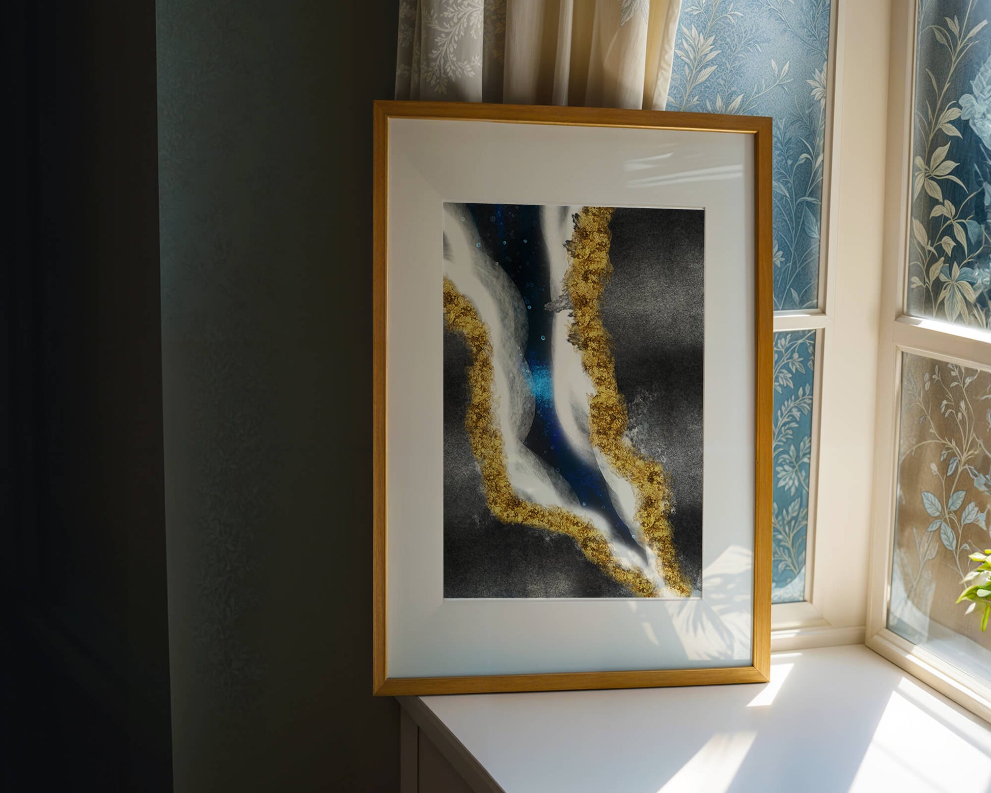Abstract flowing design with gold, blue, and white textures