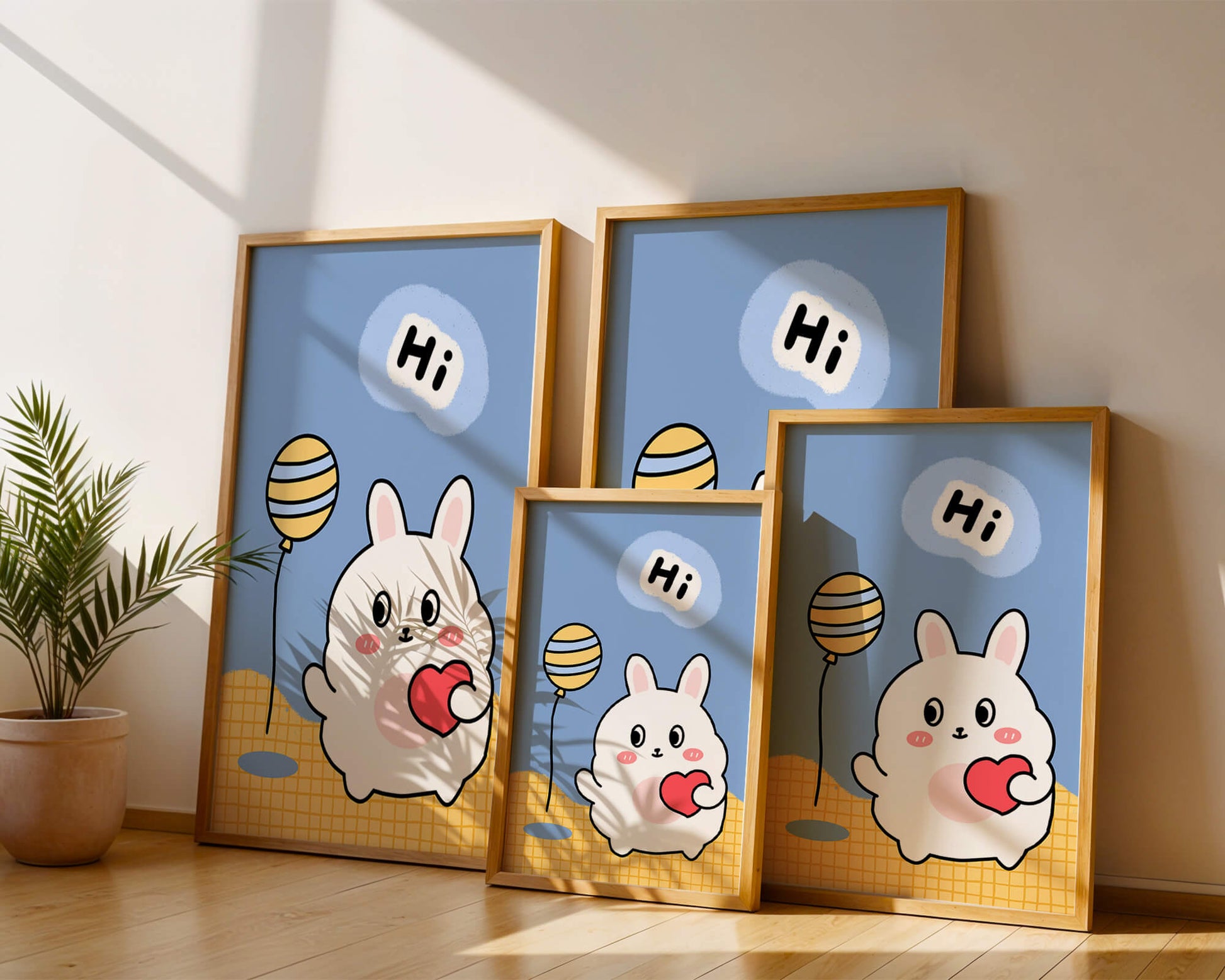 Adorable cartoon bunny with balloon and heart illustration