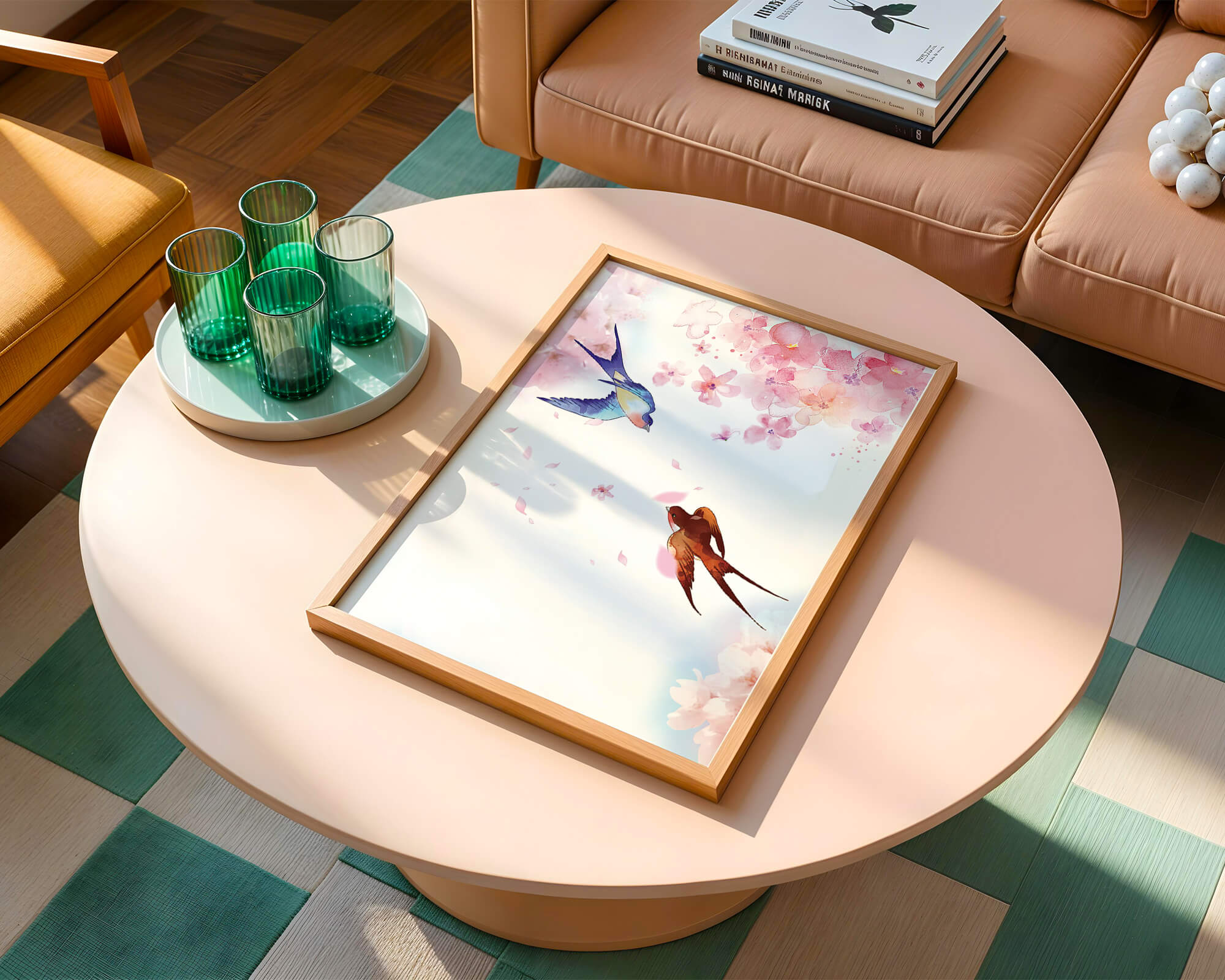 Colorful Birds and Pink Flowers in a Watercolor Spring Scene