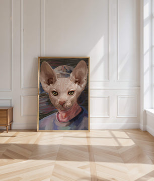 Painted portrait of a sphynx cat wearing a casual cap