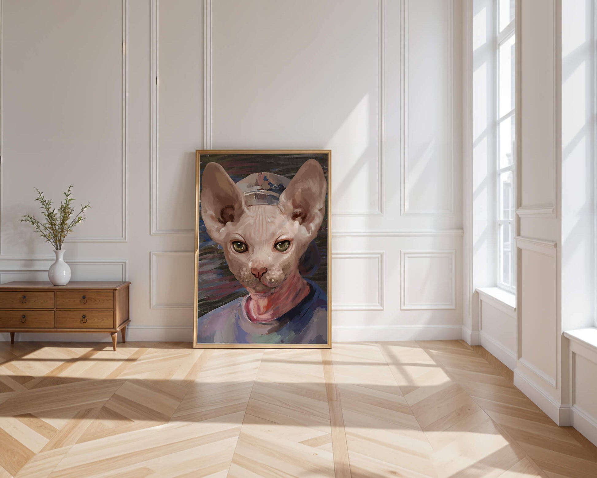 Painted portrait of a sphynx cat wearing a casual cap