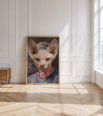 Painted portrait of a sphynx cat wearing a casual cap