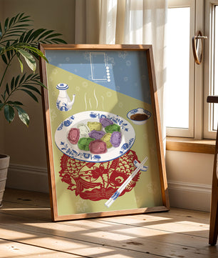 Colorful dumplings and tea set on decorative mat