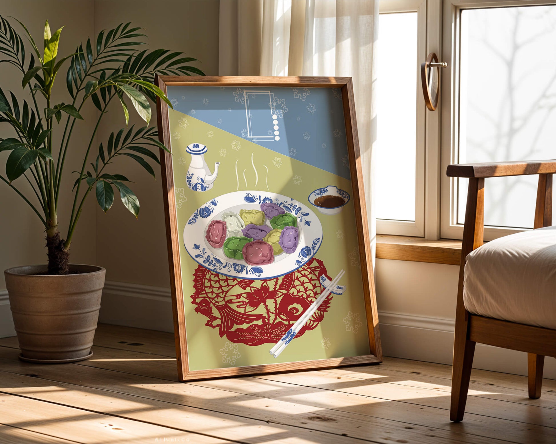 Colorful dumplings and tea set on decorative mat