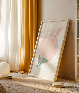 Pájaro pastel con elementos florales en estilo minimalista