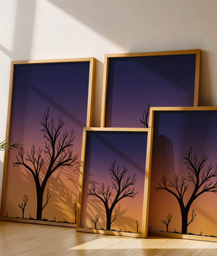 Silhouette Of Tree Against Stunning Sunset Sky With Stars
