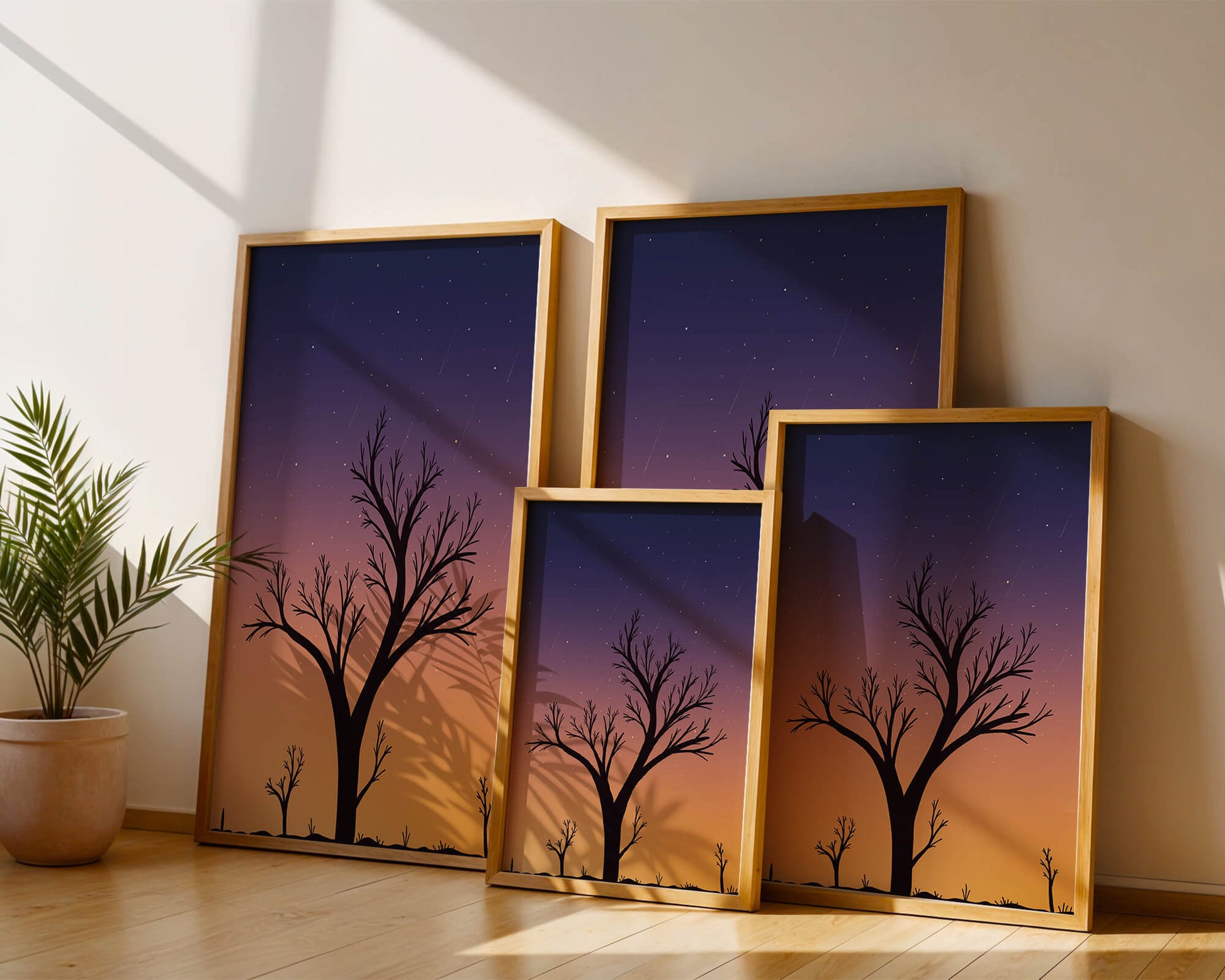 Silhouette Of Tree Against Stunning Sunset Sky With Stars