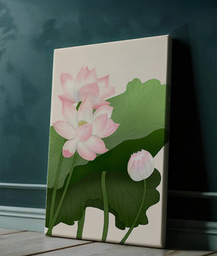 Delicate pink lotus flowers with verdant green leaves
