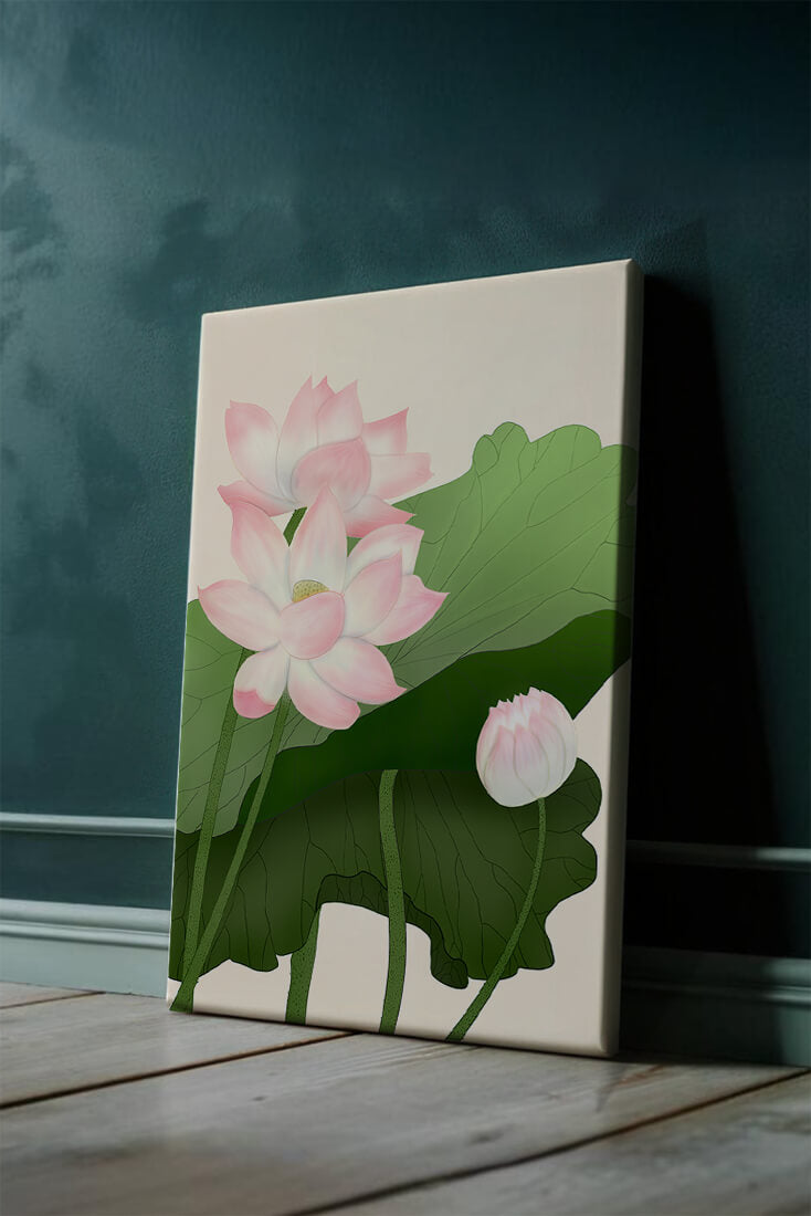 Delicate pink lotus flowers with verdant green leaves