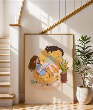 Cozy Reading Corner with Relaxed Girl and Cat