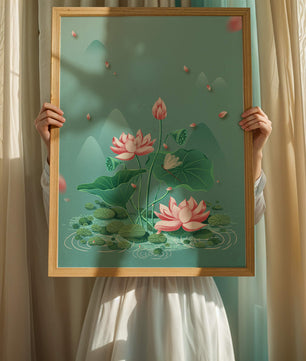 Illustration sereine de fleurs de lotus dans un étang paisible avec des montagnes