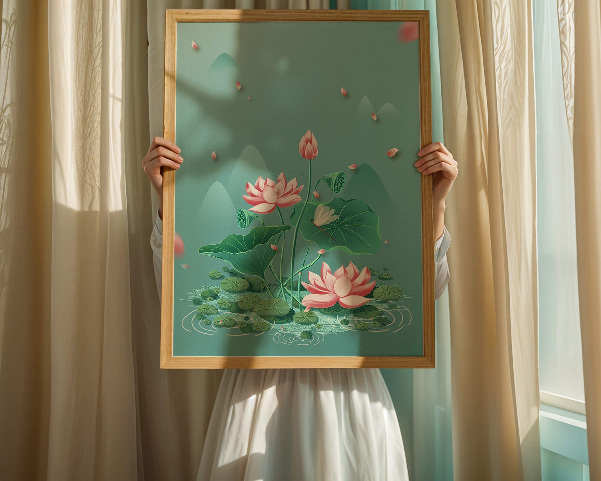 Serene illustration of lotus flowers in a tranquil pond setting with mountains
