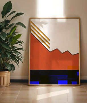 Abstrakte geometrische Komposition mit goldenen Akzenten und kräftigen Farben