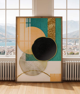 Abstrakte geometrische Komposition mit Gold und strukturierten Elementen