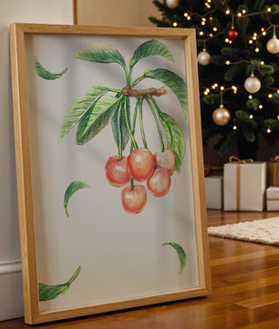 Ilustración realista de rama de cerezo con hojas verdes