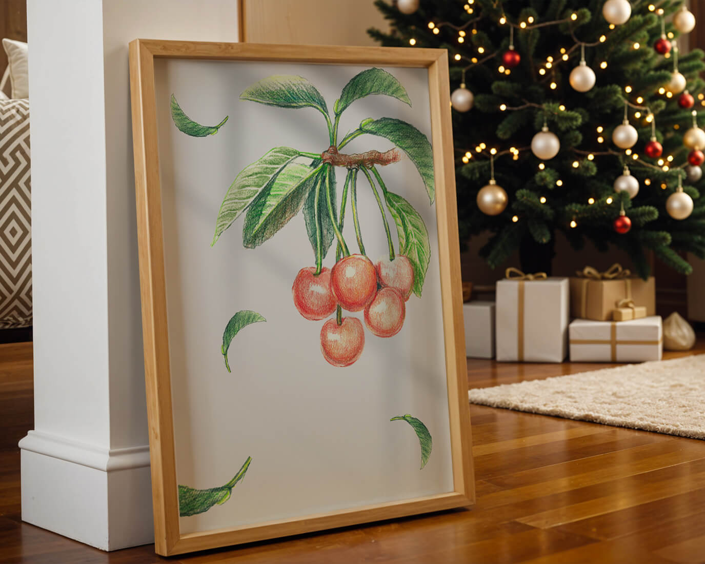 Realistic Illustration of Cherry Branch with Green Leaves
