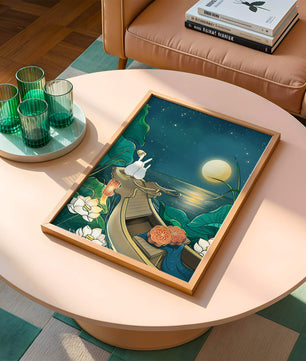 Ilustración serena de conejos contemplando una luna brillante sobre un lago tranquilo