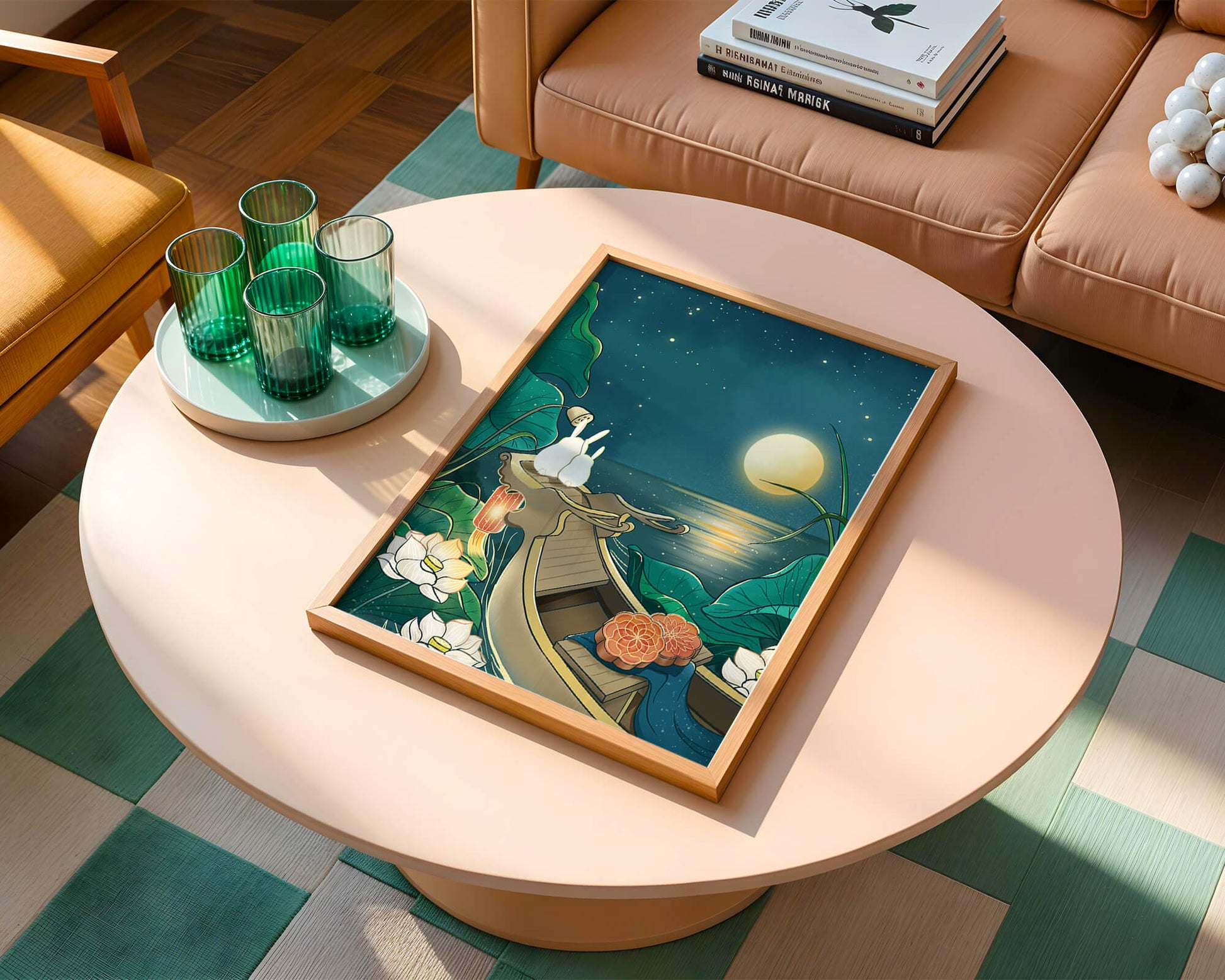 Serene illustration of rabbits gazing at a bright moon on a tranquil lake