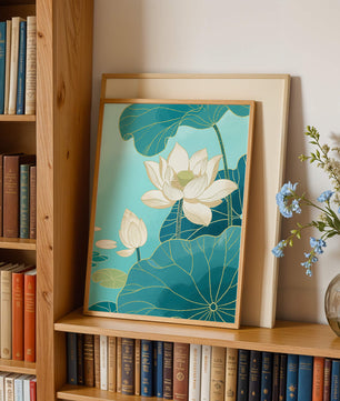 Lotus Flowers with Golden Accents on Aqua Background
