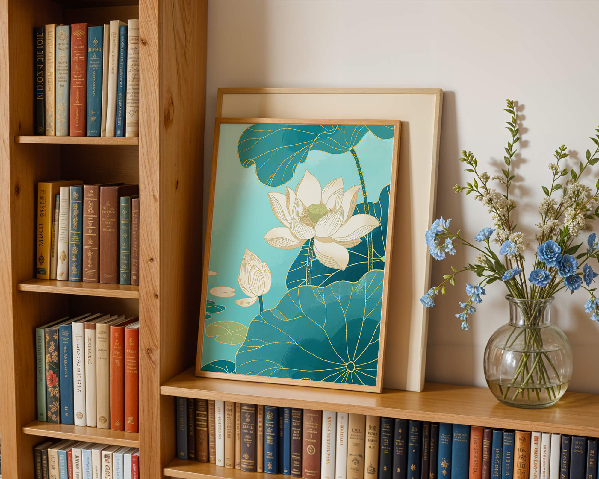 Flores de loto con detalles dorados sobre fondo aguamarina