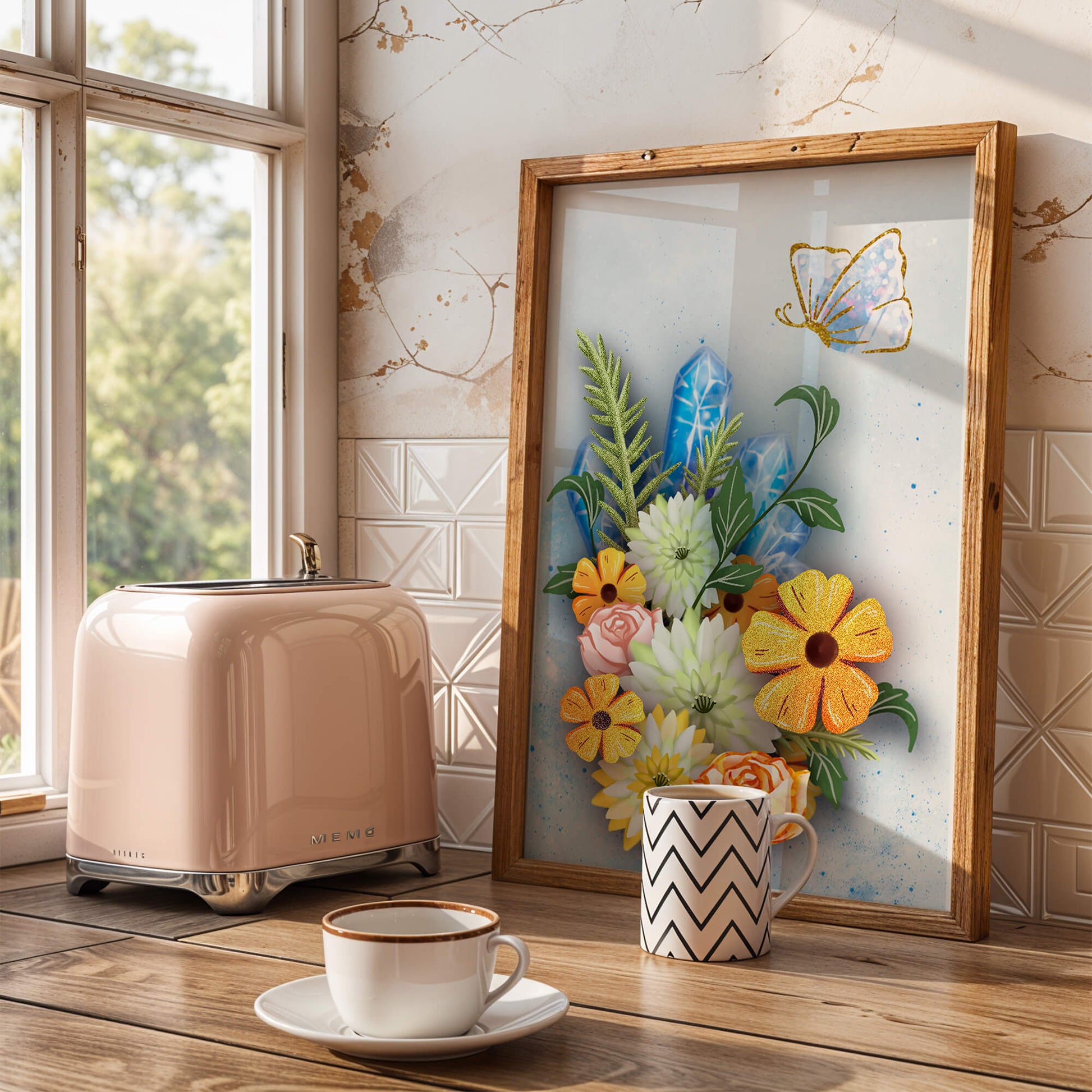 Floral and crystal arrangement with golden butterfly