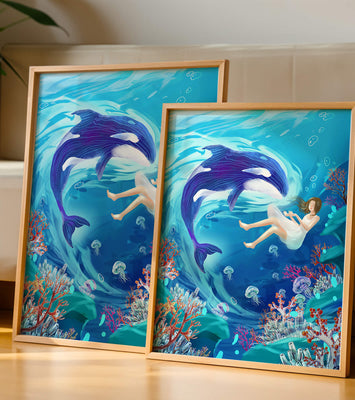 Underwater fantasy scene with a playful whale and a girl floating amidst coral and jellyfish
