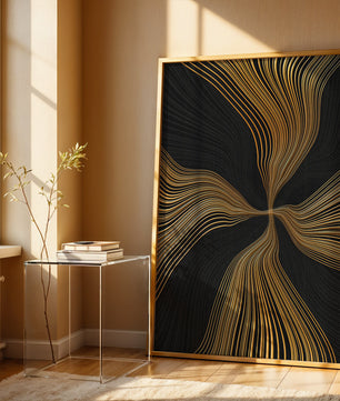 Líneas doradas abstractas sobre fondo negro con flujo dinámico