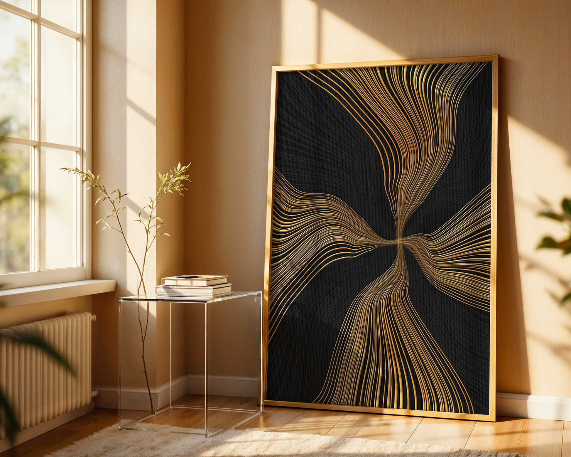 Líneas doradas abstractas sobre fondo negro con flujo dinámico