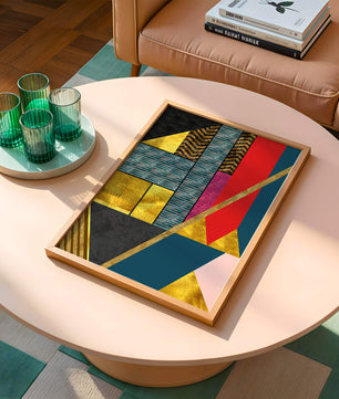 Geometric abstract design with vibrant colors and gold accents