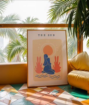 Modern abstract art poster featuring the sun and a serene figure in blue and coral tones - Mi tienda