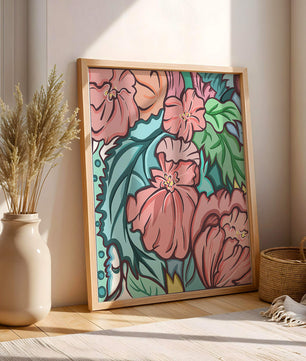 Elegant floral pattern illustration with pink blossoms and green leaves